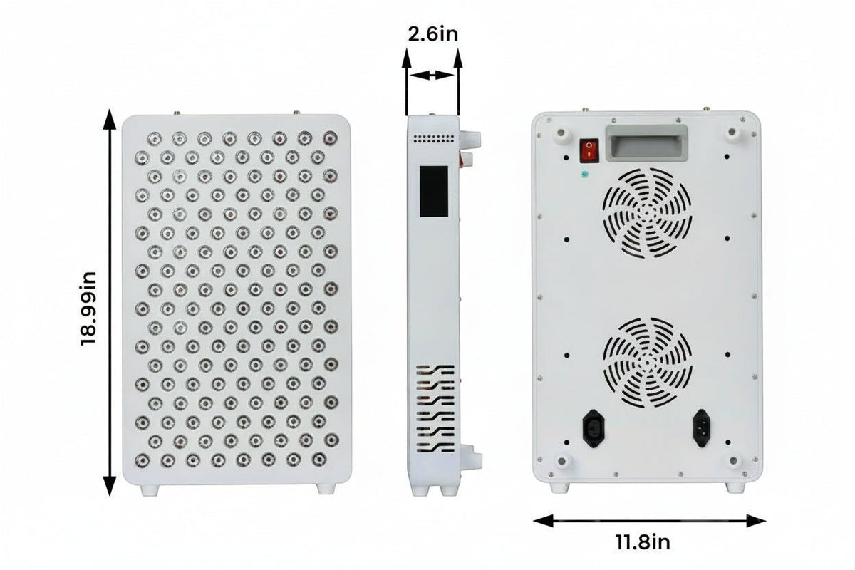 Elevate Performance Systems red light therapy panel showing front, side, and back views with dimensions and LED layout.