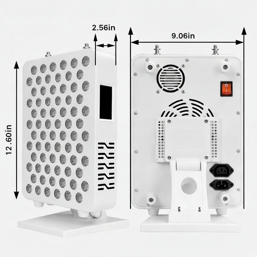 Elevate Performance Systems compact red light therapy panel with 72 dual-chip LEDs and dimensions shown in white