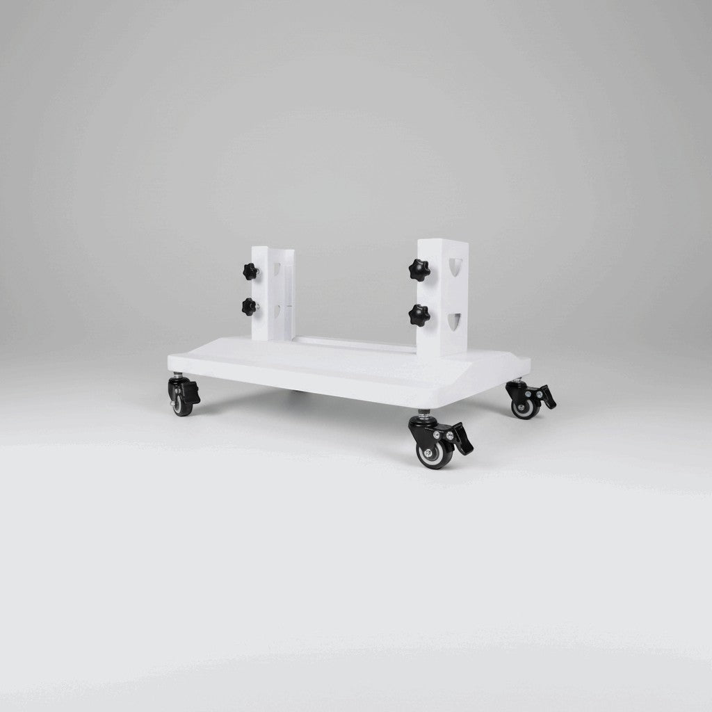 Elevate Performance Systems white rolling floor stand for red light therapy panels with locking caster wheels