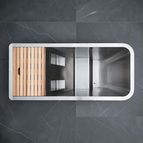 Elevate Performance Systems stainless steel cold plunge tub with red cedar wood accents viewed from directly above