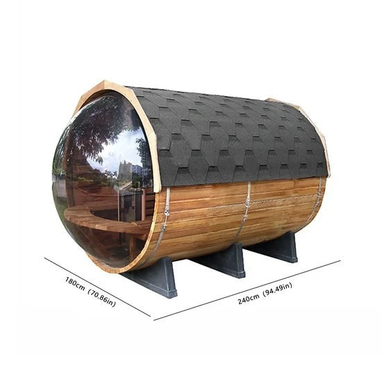Elevate Performance Systems Vista barrel sauna made of Canadian red cedar with panoramic glass and shingle roof