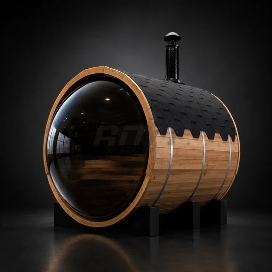 Elevate Performance Systems Vista wood-fired barrel sauna with Canadian red cedar, panoramic glass, and black roof tiles.