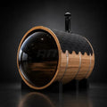 Elevate Performance Systems Vista wood-fired barrel sauna with Canadian red cedar, panoramic glass, and black roof tiles.
