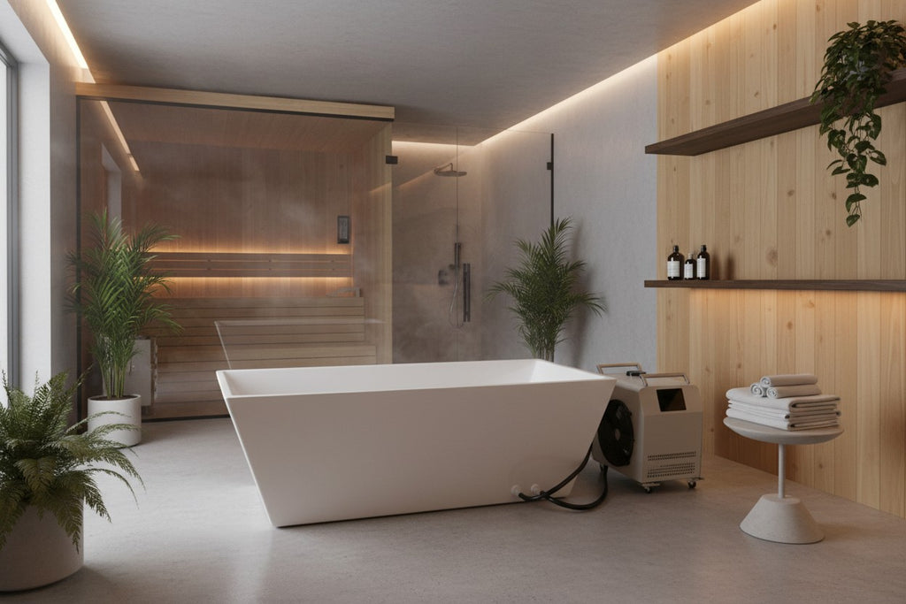 Elevate Performance Systems white cold plunge tub with chiller unit in a modern home spa with a sauna and plants.