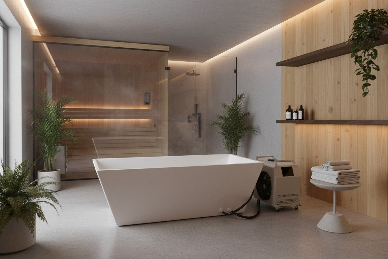 Elevate Performance Systems white cold plunge tub with chiller unit in a modern home spa with a sauna and plants.
