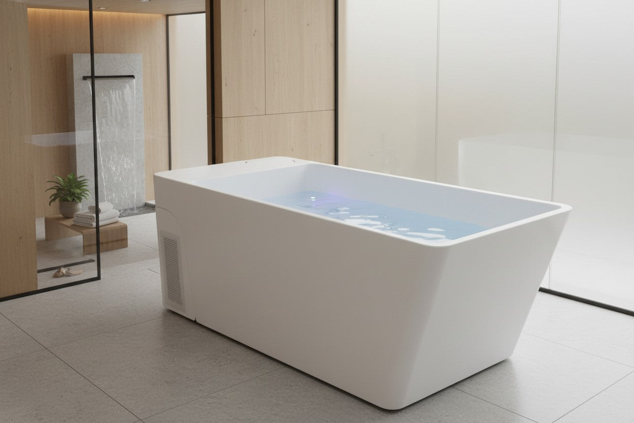 Elevate Performance Systems Elevate Pro white cold plunge tub in a modern spa setting with water and cooling unit