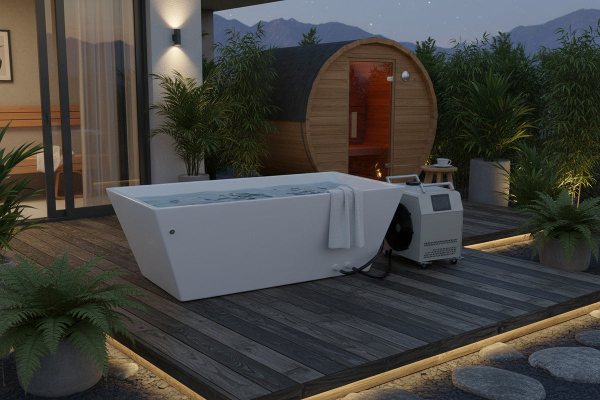 Elevate Performance Systems white cold plunge tub with chiller unit on a modern outdoor wooden deck at night