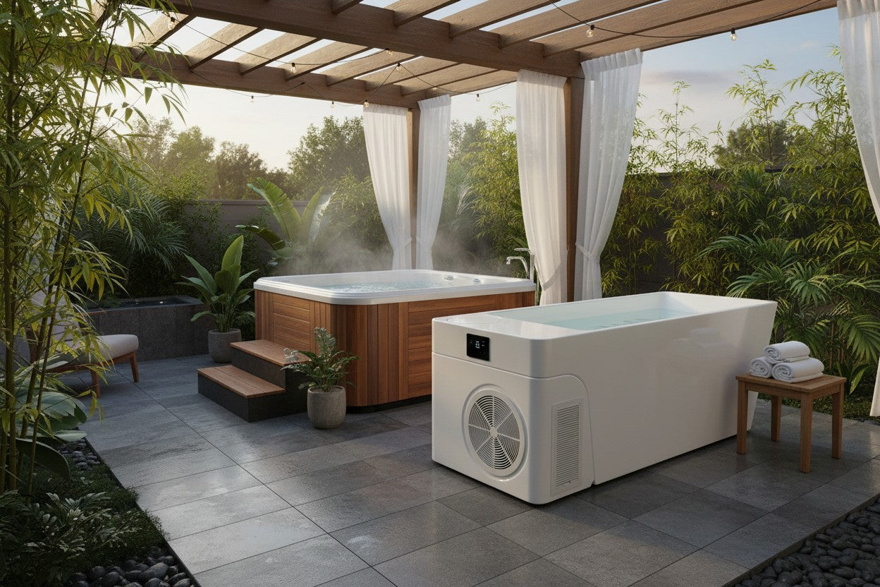 Elevate Performance Systems Elevate Pro Cold Plunge in white on a modern outdoor patio next to a wooden hot tub