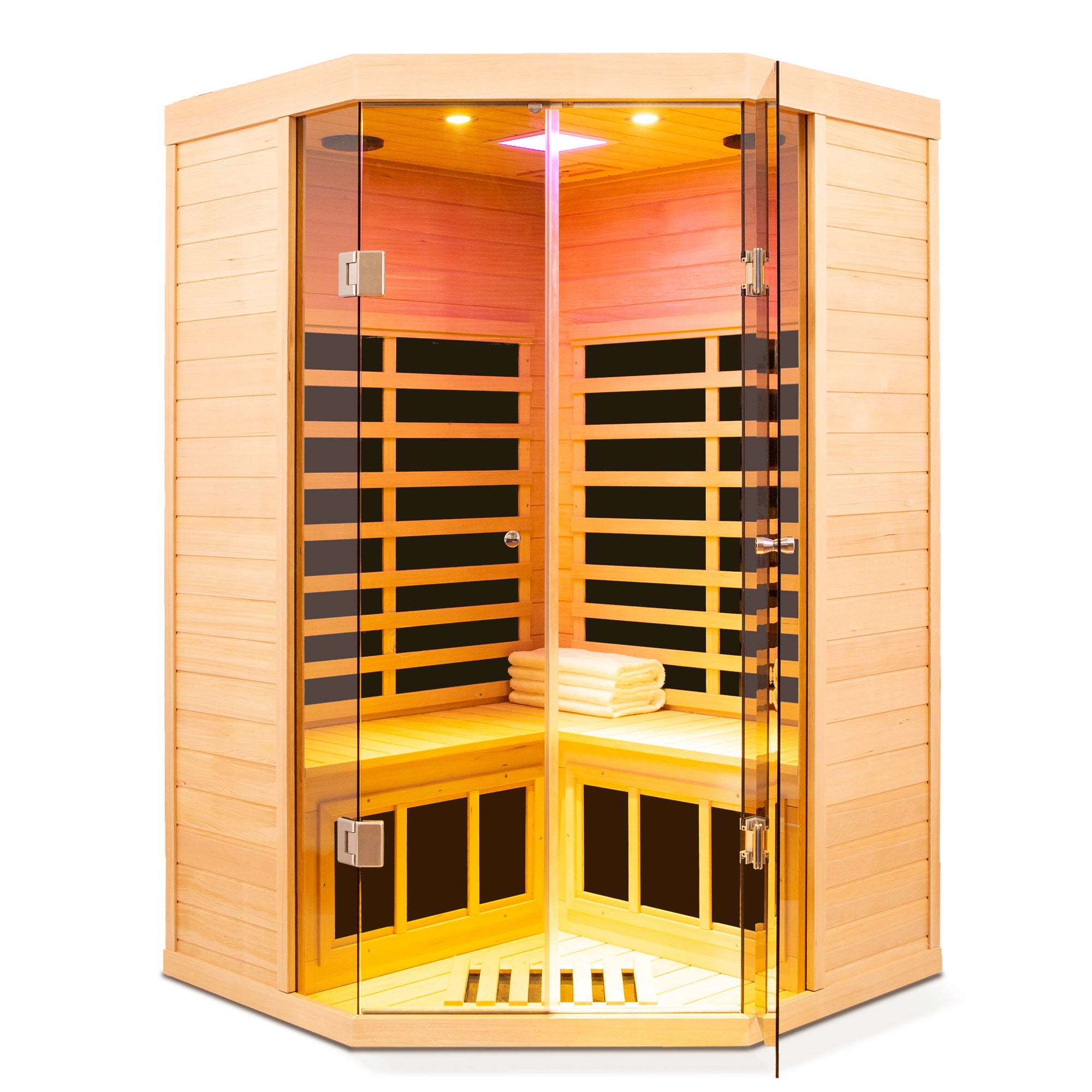 Front view of Elevate Haven infrared sauna with glass panels
