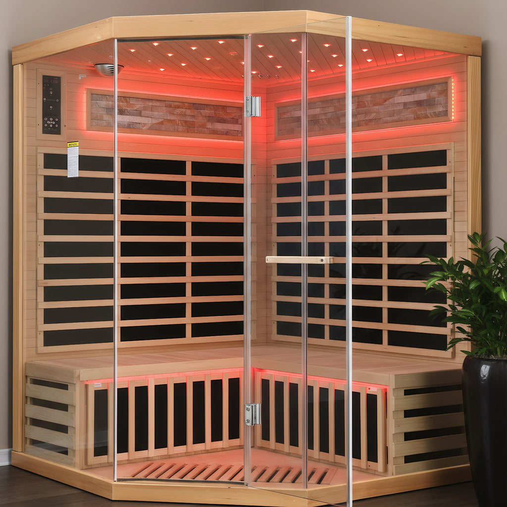 Elevate Grand infrared sauna with red interior lighting
