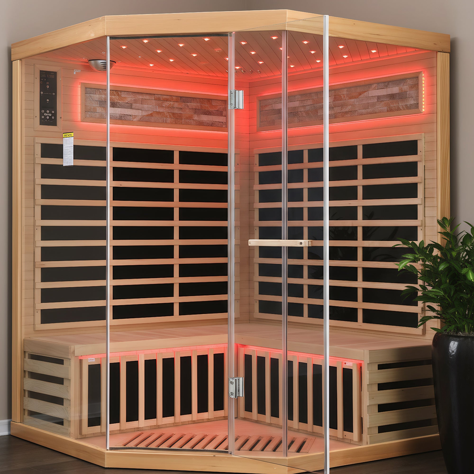Elevate Grand infrared sauna with red interior lighting