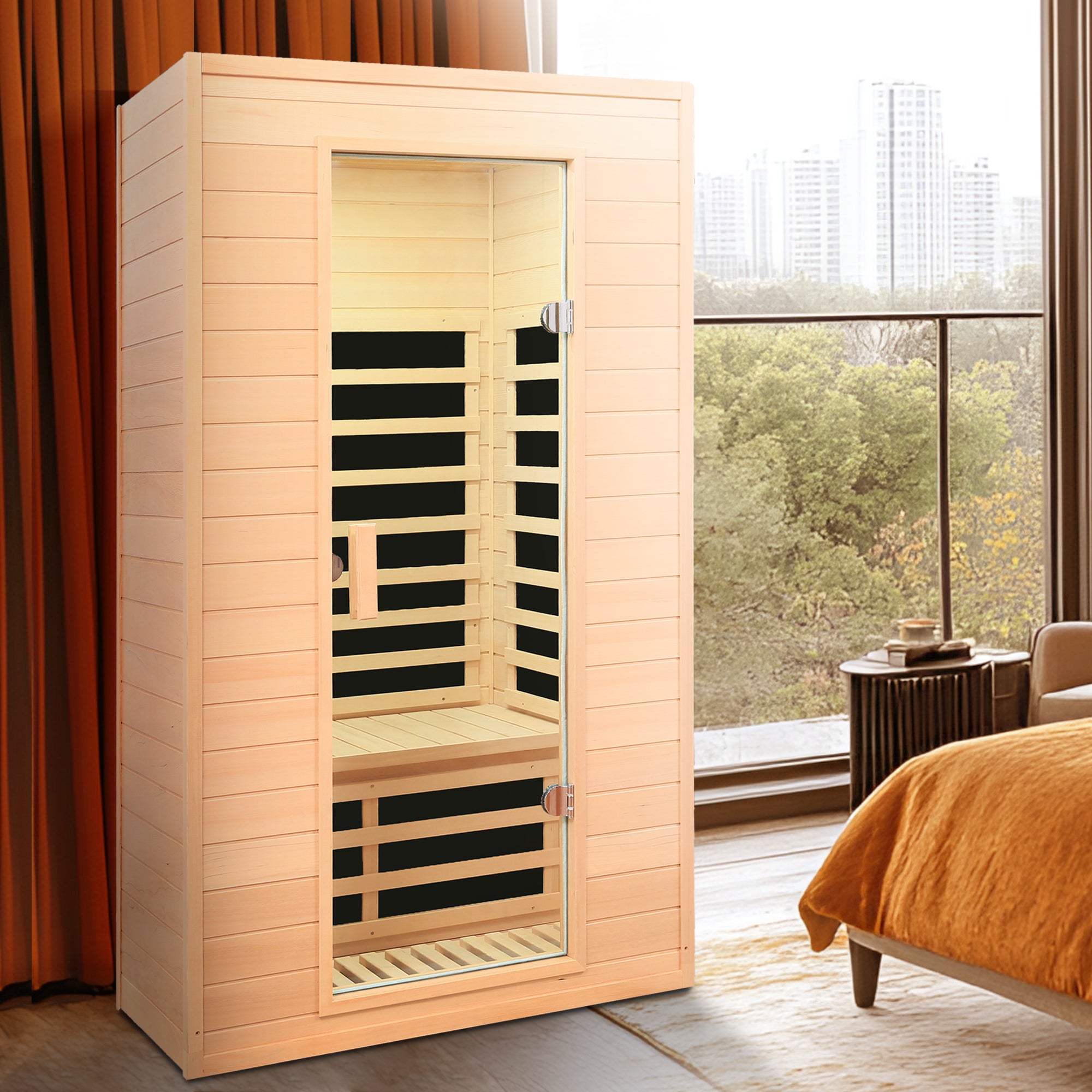Elevate Solace 2-person infrared sauna in a bedroom setting