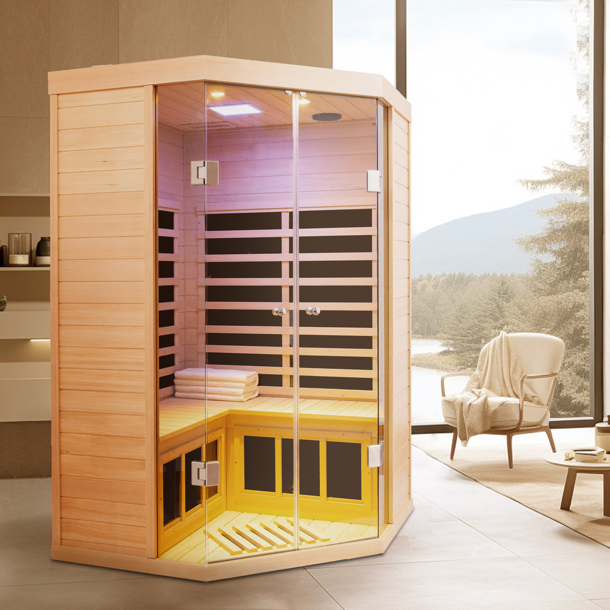 Side view of Elevate Haven 2-person infrared sauna with glass front